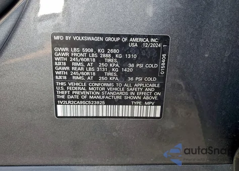 2025 Volkswagen Atlas Se z USA, uszkodzony, nr VIN 1V2LR2CA9SC523925